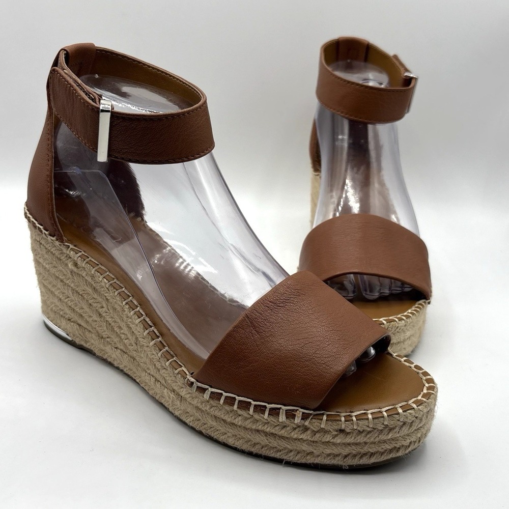 FRANCO SARTO Clemens Espadrille Wedge Size 9 Brown Leather Raffia Sandal